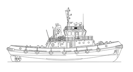 Detailed line drawing of a tugboat, showing its side profile and structural elements for maritime operations.