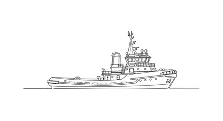 Detailed line art illustration of a modern tugboat, depicted in a side profile view, showcasing its robust design and maritime features.