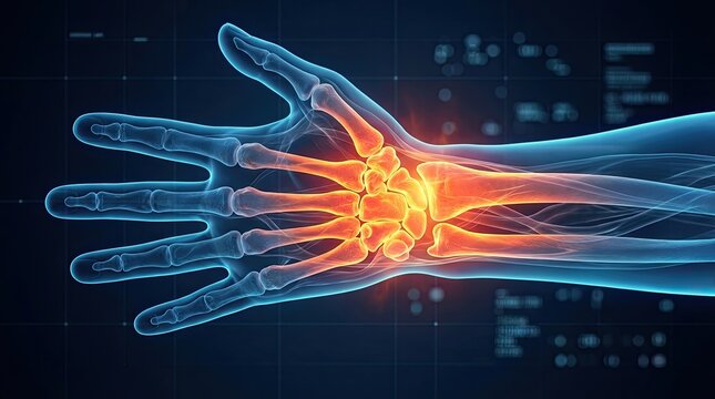 Human hand and wrist skeleton with bright red glowing pain spot and inflammation on blue digital background with medical data and interface.