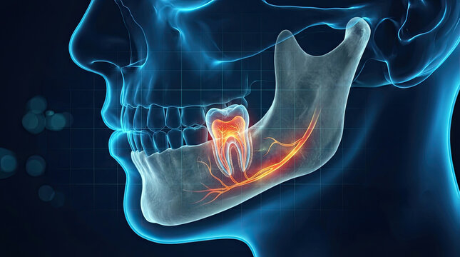 Profile of human jaw and teeth showing glowing red inflammation and pain in root area on blue digital background with medical screen data.
