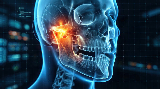 Side view of human skull showing glowing red inflammation and pain on jaw joint area on blue digital background with medical screen data.