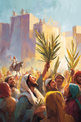 Fototapeta premium Palm Sunday celebration in Jerusalem as Jesus Christ enters the ancient city during Holy Week