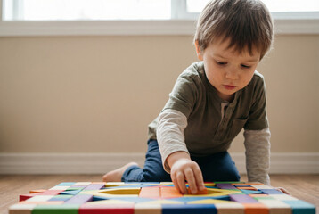 Little Boy Playing with Educational Wooden Blocks at Home