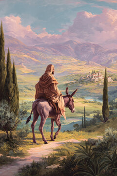 Jesus Christ Riding a Donkey Toward Jerusalem Village on Palm Sunday Celebrating Holy Week Faith