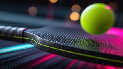 Fototapeta premium Closeup pickleball paddle striking ball, neon trails and motion blur accentuating carbon texture studio lighting highlights perforated wiffle ball midimpact, highenergy product test with vibrant color