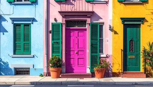 Colorful Building Facade with Pink Double Door