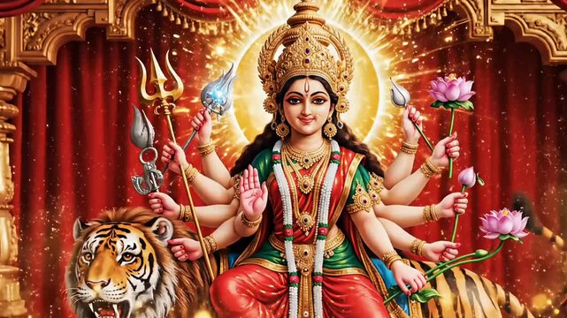 Divine goddess durga appearance with multiple arms and tiger glow during navratri durga puja chaitra navratri worship devotion indian spiritual celebration scene