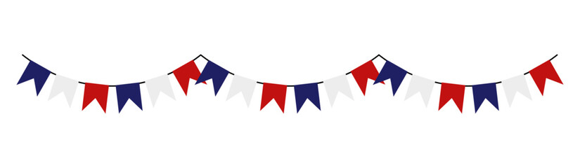 Festive bunting garland with red, white and blue flags on white background. Decorative party banner for national holidays, celebrations and event design. © miss LEMON