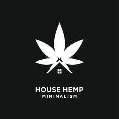 Obraz premium Minimalist House Hemp logo featuring a cannabis leaf and house icon in black and white flat design