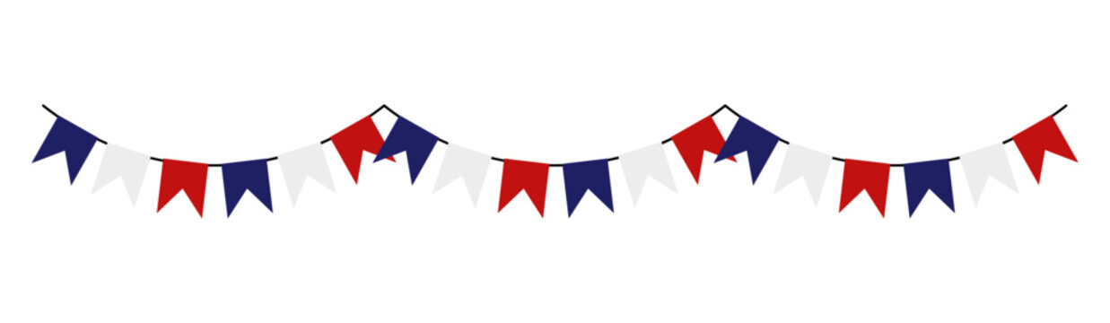 Festive bunting garland with red, white and blue flags on white background. Decorative party banner for national holidays, celebrations and event design.
