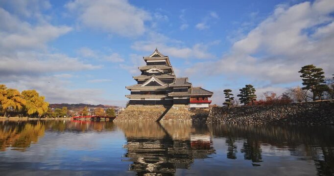 Flock of birds soaring over rippling pond near 16th century matsumoto castle at sunset