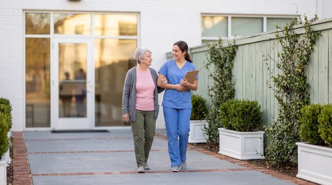 A healthcare professional assisting an elderly woman outside a medical facility.