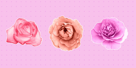 Cutout Color Halftone Flowers Set. Mothers day Vintage Collage Stickers or Card in Halftone design.