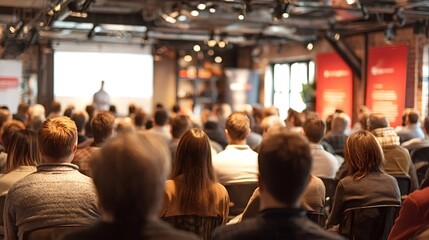 Diverse crowd of people attending an educational seminar or corporate presentation, focusing on the speaker on stage with a blurred screen in the background
