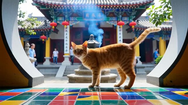 A lively orange cat exploring a colorful tiled entrance with a traditional temple backdrop, smoke rising, and visitors in soft focus