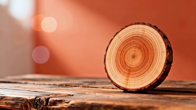 Cross section of tree trunk on wooden surface