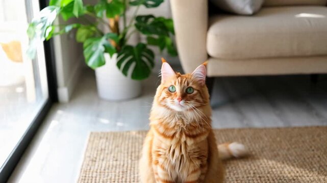 Playful orange cat sitting on a textured rug, gazing up with sparkling eyes, surrounded by indoor plants and natural light from a window