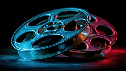 Chrome film reels with red and blue lighting