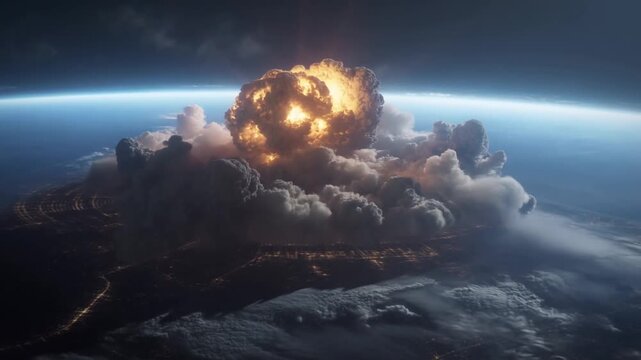 Massive explosion unfolding over city at night with intense fireballs and clouds