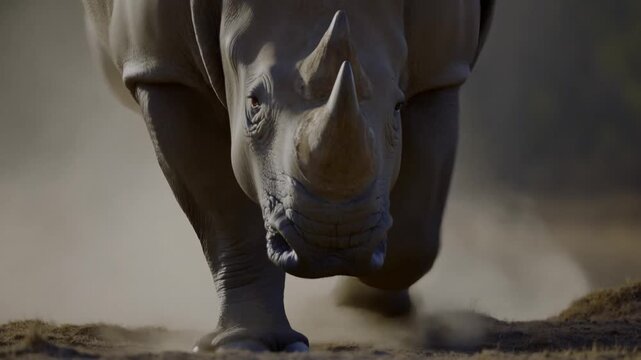Majestic rhino charging through dusty plain at dusk captured in cinematic sequence