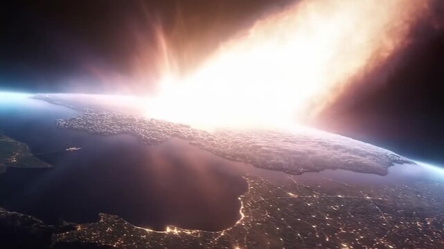 Meteor impact on earth: fiery collision and burst of light over cityscapes at night