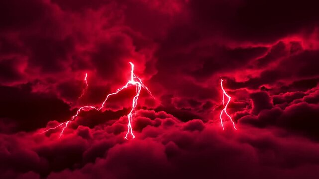 Intense red lightning storm over dark clouds in dramatic night sky