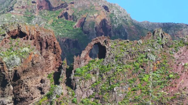 Aerial view over the rugged Anaga Massif peaks and the prehistoric barrancos of Punta del Hidalgo