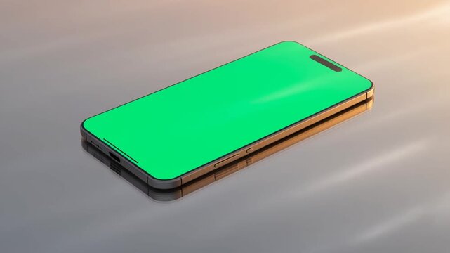Smartphone lying flat with vibrant green screen reflecting light subtly over time