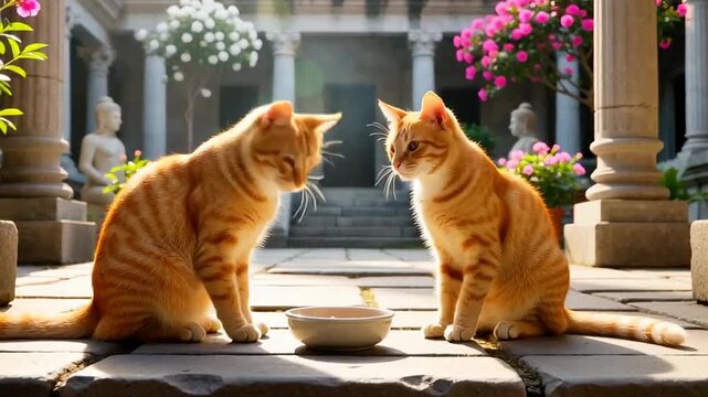 Two orange tabby cats sitting on stone pavement in a vibrant garden filled with blooming flowers and classical statues