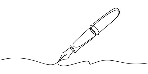 Continuous line drawing of a fountain pen writing on paper with white background in simple style, Pen Signature Continuous Line Icon, Continuous one line of fountain pen in silhouette on a white © line pro