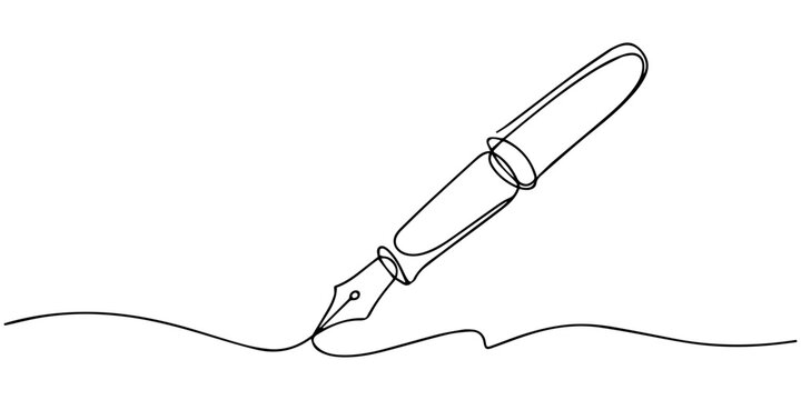 Continuous line drawing of a fountain pen writing on paper with white background in simple style, Pen Signature Continuous Line Icon, Continuous one line of fountain pen in silhouette on a white