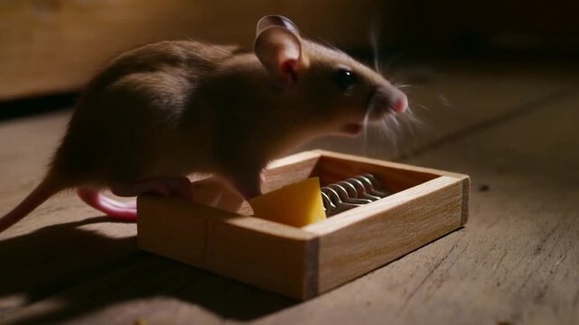Curious mouse approaches and interacts with cheese in wooden trap set on rustic floor