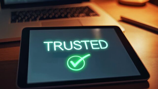 Trusted Digital Device with Neon Checkmark on Screen