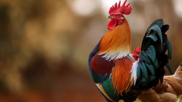 Vibrant rooster perching and displaying feathers in natural setting