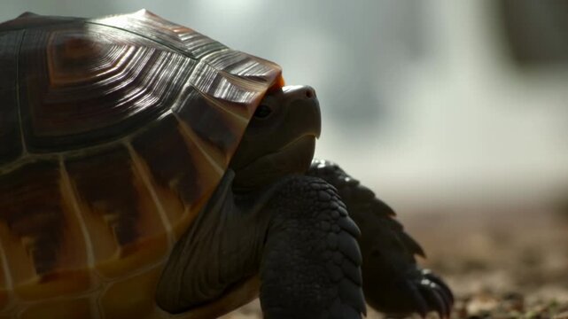 Slow journey of a tortoise on rocky terrain captured in closeup motion
