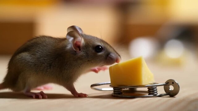 Curious mouse approaches cheese on trap setting with caution and speed in closeup sequence