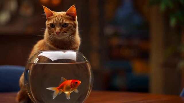 Curious cat interacts with lively goldfish in glass bowl against cozy background