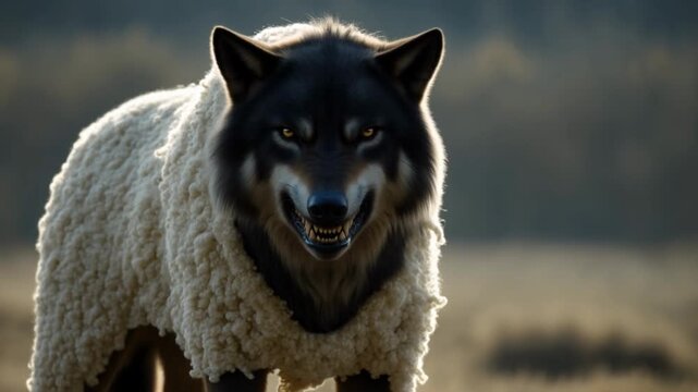 Majestic wolf in sheep's clothing walking in sunlit meadow