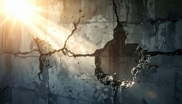 A FlyPro Firefly professional camera shot of broken sections of reinforced concrete wall displaying cracks and spalling under harsh, direct sun.