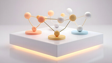 Obraz premium 3D render of a molecular structure model with colorful spherical nodes connected by golden rods, displayed on white platforms with soft lighting. Concept for science, education, and chemistry.