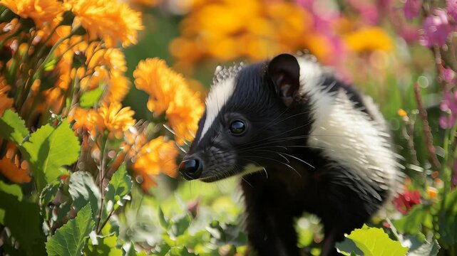 A black and white striped skunk is standing in a field of flowers. The skunk is looking at the camera with a curious expression