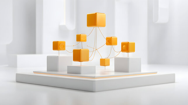 3D illustration of interconnected yellow cubes on a white platform, symbolizing network, business, or technology concepts in a minimalist, modern style.