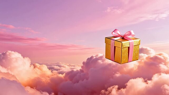 Golden gift box floating in sky