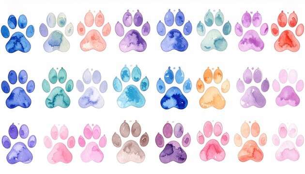 Collection of colorful watercolor paw prints in various vibrant shades.