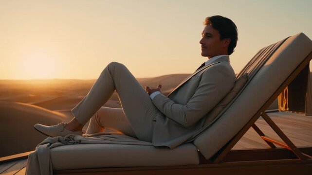 Relaxed businessman enjoys sunset in desert luxury retreat