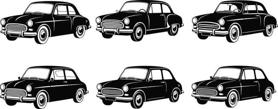 Vintage car silhouette illustration set, classic rounded design with headlights and chrome bumpers, retro automotive theme - flat vector illustration