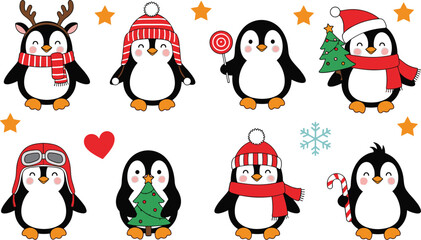 Festive penguin illustration set, Christmas and winter holiday theme, candy cane, Santa hat, reindeer antlers, snowflake motif - flat vector illustration © MD AMINUR