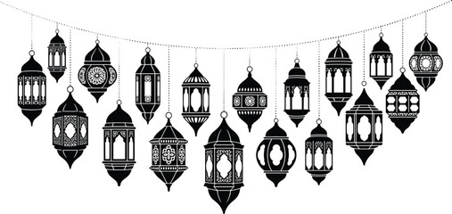 Festive hanging lantern illustration set, ornate designs, cultural celebration, Ramadan and Eid theme, decorative string arrangement - flat vector illustration © MD AMINUR