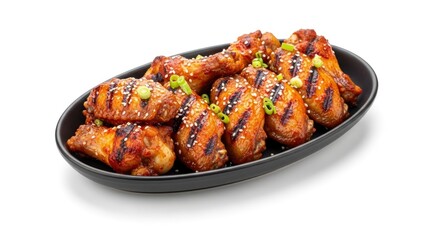 Fototapeta premium Delicious grilled chicken wings with sesame seeds and green onions on a black plate, isolated on white. Perfect for a savory meal or appetizer.