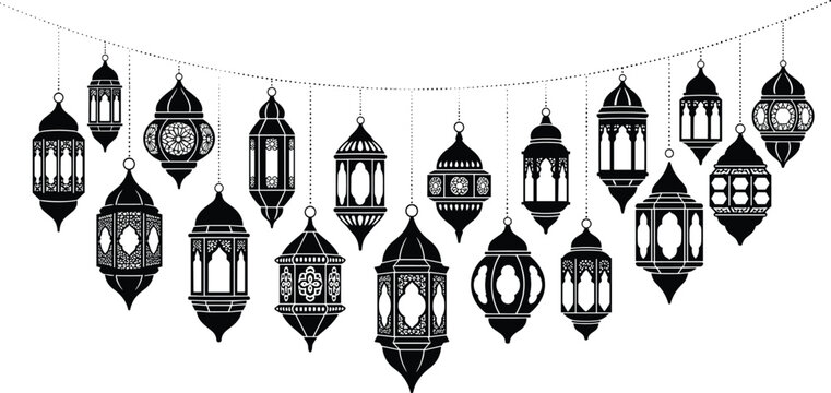 Festive hanging lantern illustration set, ornate designs, cultural celebration, Ramadan and Eid theme, decorative string arrangement - flat vector illustration